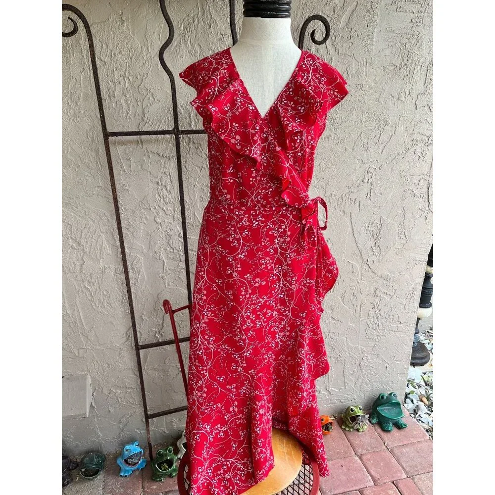 Max Studio Bubble Cream Wrap Dress Size Large Ruffle Sleeveless Red 93615 - Picture 2 of 7